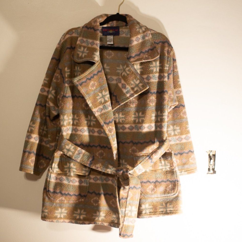Vintage Fleece Jacket Coat Snowflake Aztec Print L